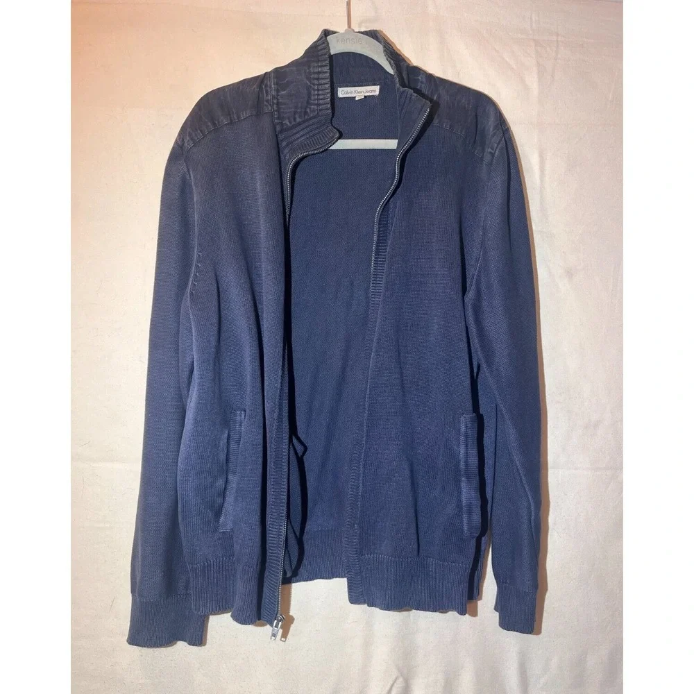 Calvin Klein Jeans Men's SZ L Blue Gray Zip Up Sweater Q22